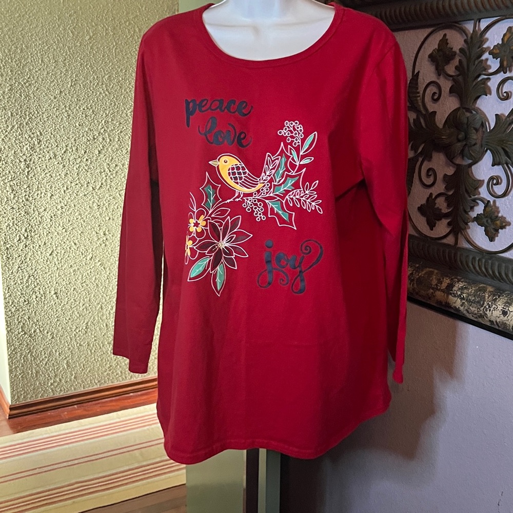 Woman Within Top Red  with Bird print Sz 18/20